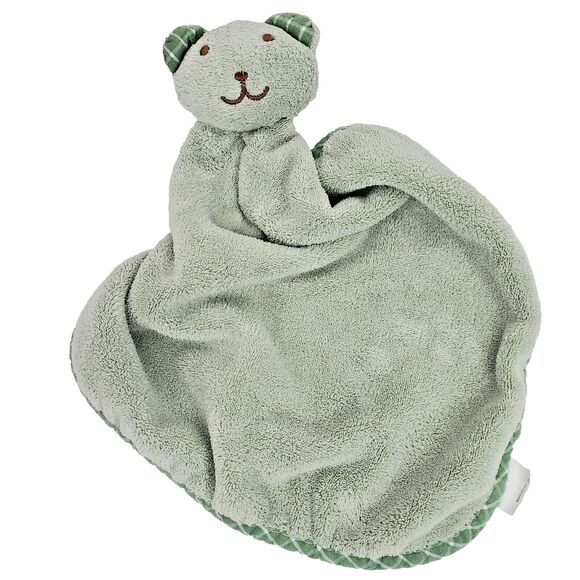 MINISO Bear Sage Green Infant Security Blanket Lovey Nunu Checkered Trim HTF - Picture 1 of 8